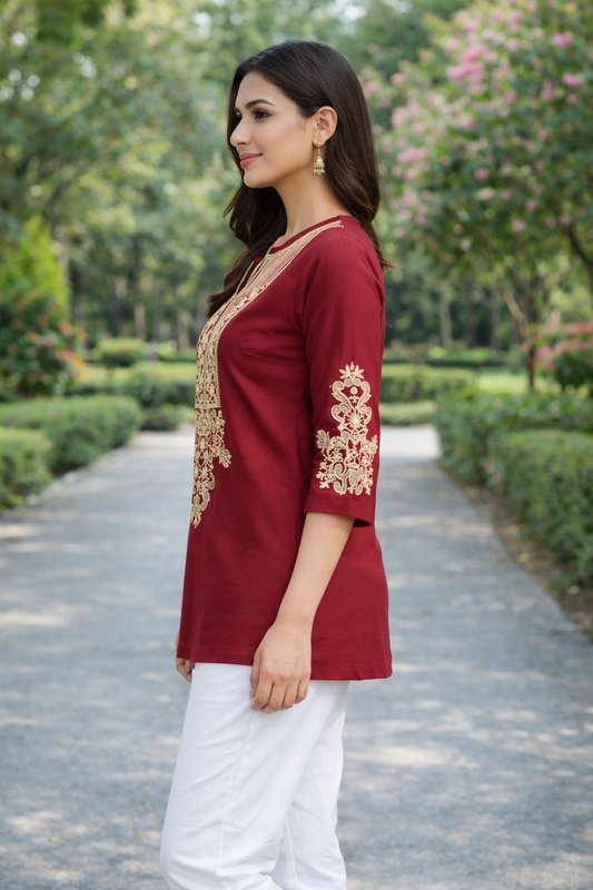 Linen Embroidered Mehroon Short Kurti
