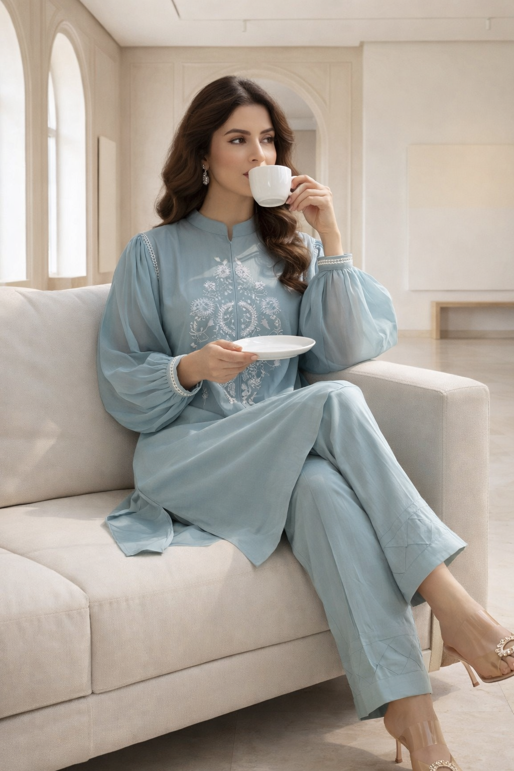 Stylish Cool embriodered  Powder Blue Co Ord Set