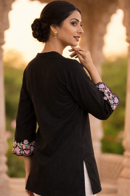 Linen Embroidered Black Kurti