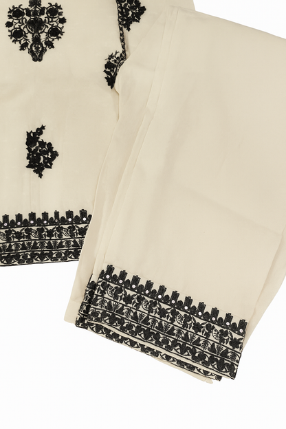 Beautiful Off White And Black Cotton Embroidered  Co Ord Set
