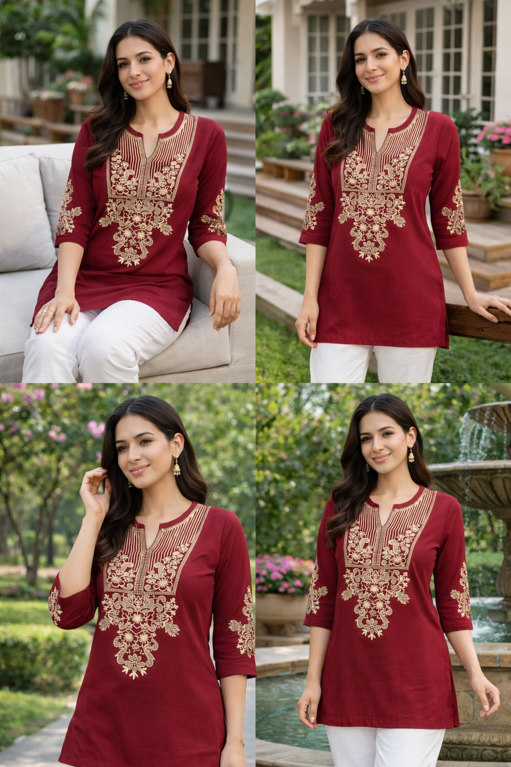 Linen Embroidered Mehroon Short Kurti