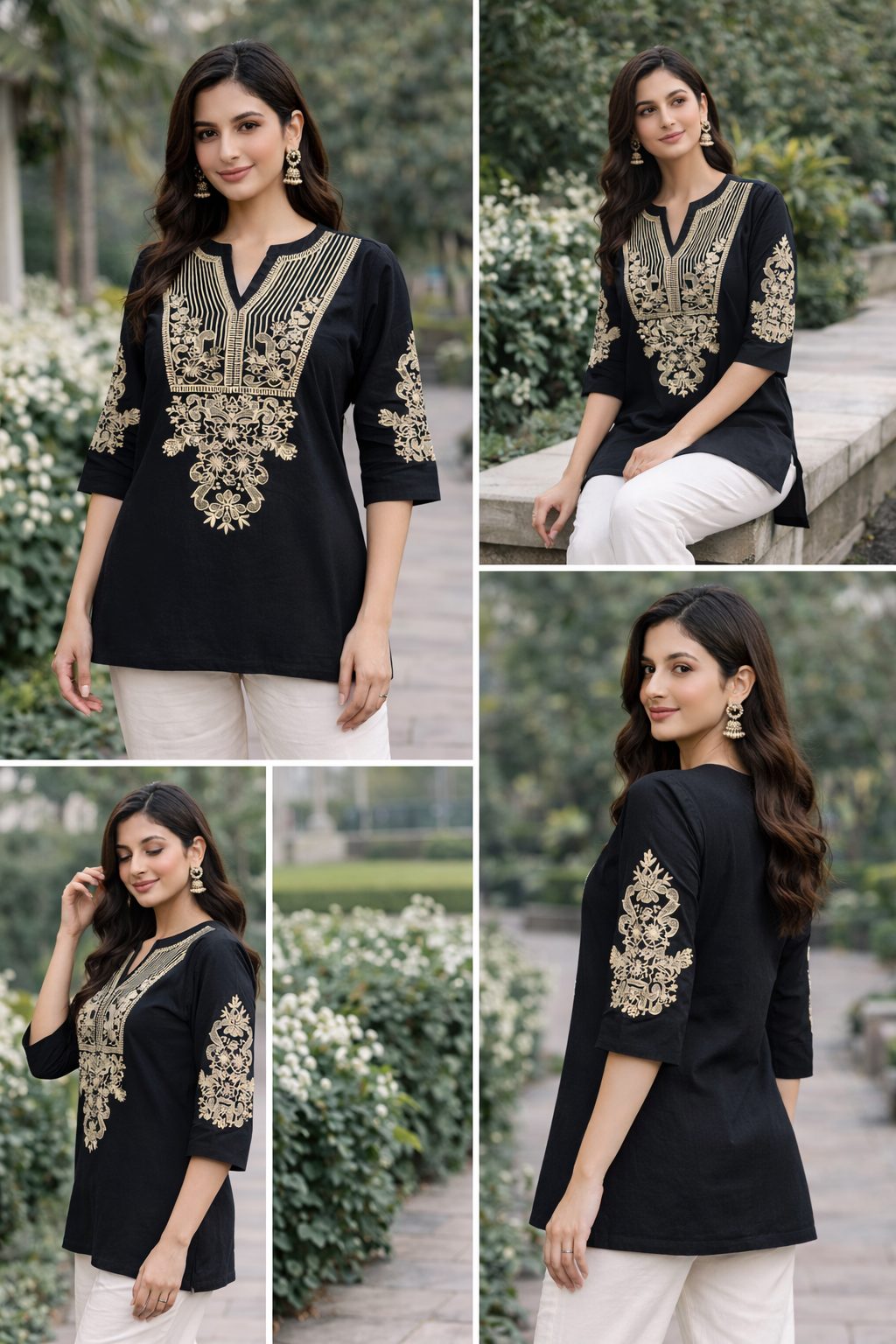 Linen Embroidered Black Short Kurti
