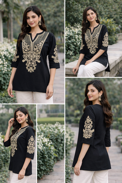 Linen Embroidered Black Short Kurti
