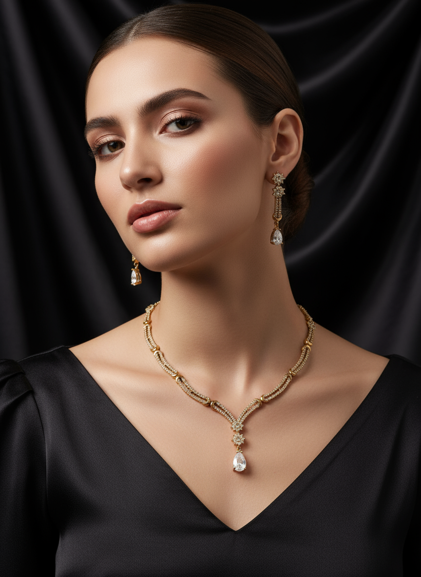 Antique polish Sleek pattern AD Jewellery Set (White)
