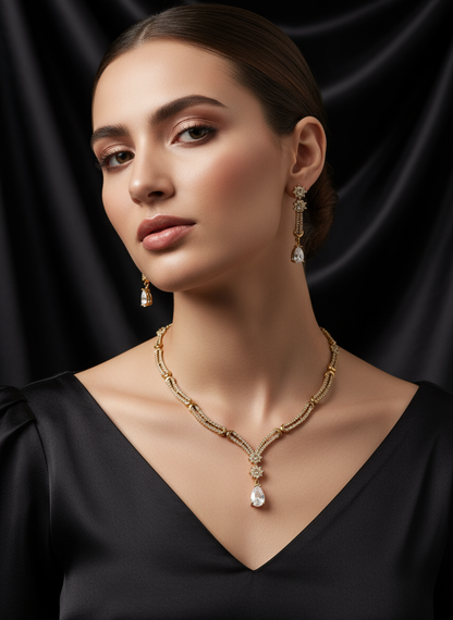 Antique polish Sleek pattern AD Jewellery Set (White)