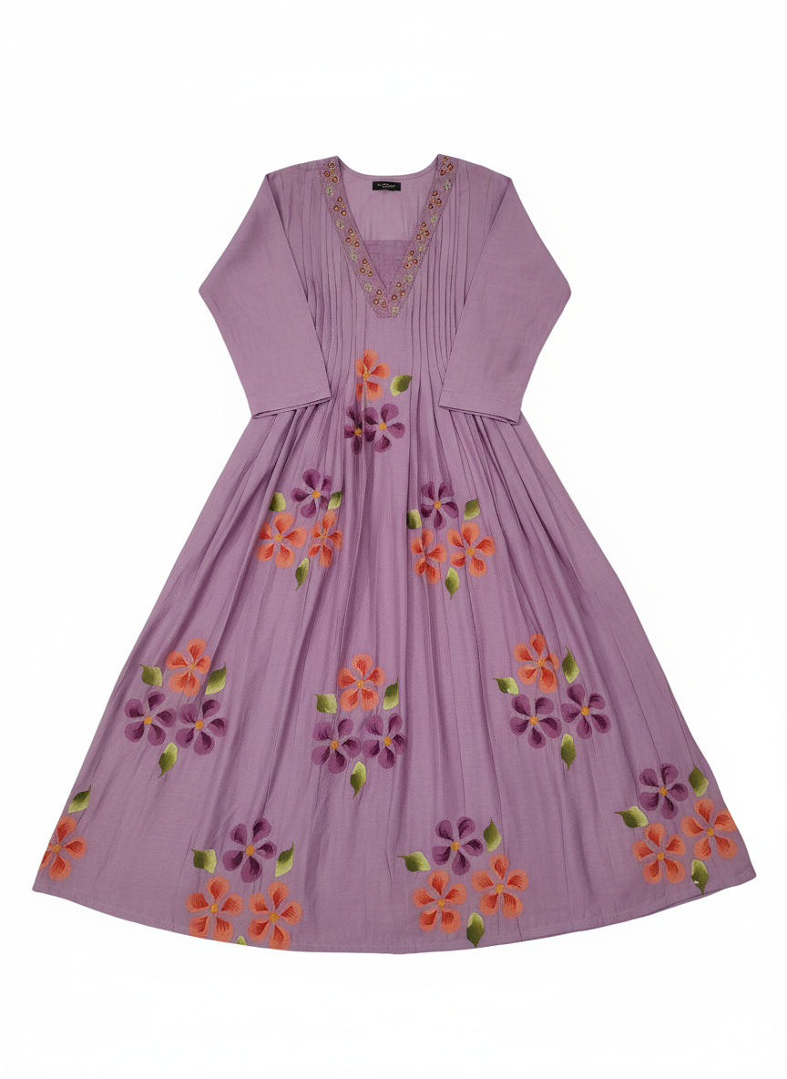 Lovely Lilac A-Line Roman Silk Hand Painted Kurta Set