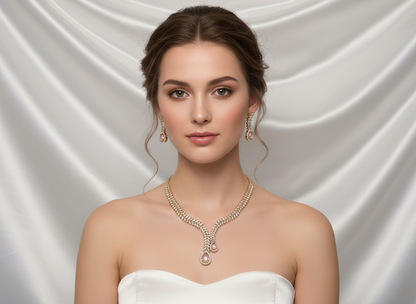 Elegent Antique Polish AD Jewellery Set (Pastel Pink)
