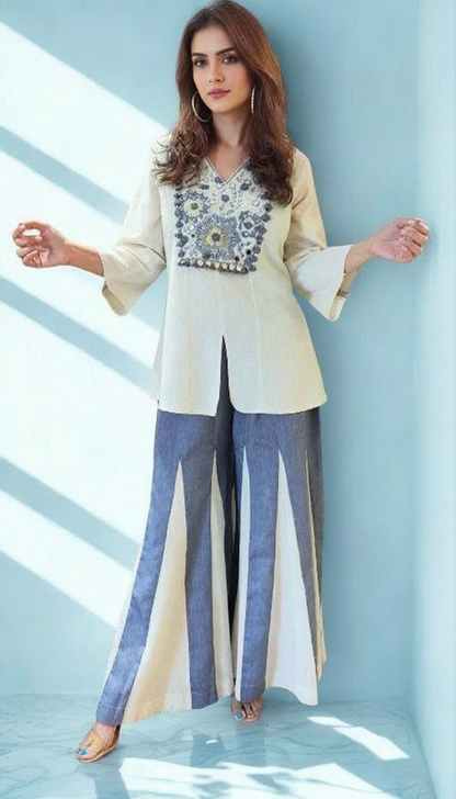 Contemporary Denim And White Embroidered Co Ord Set
