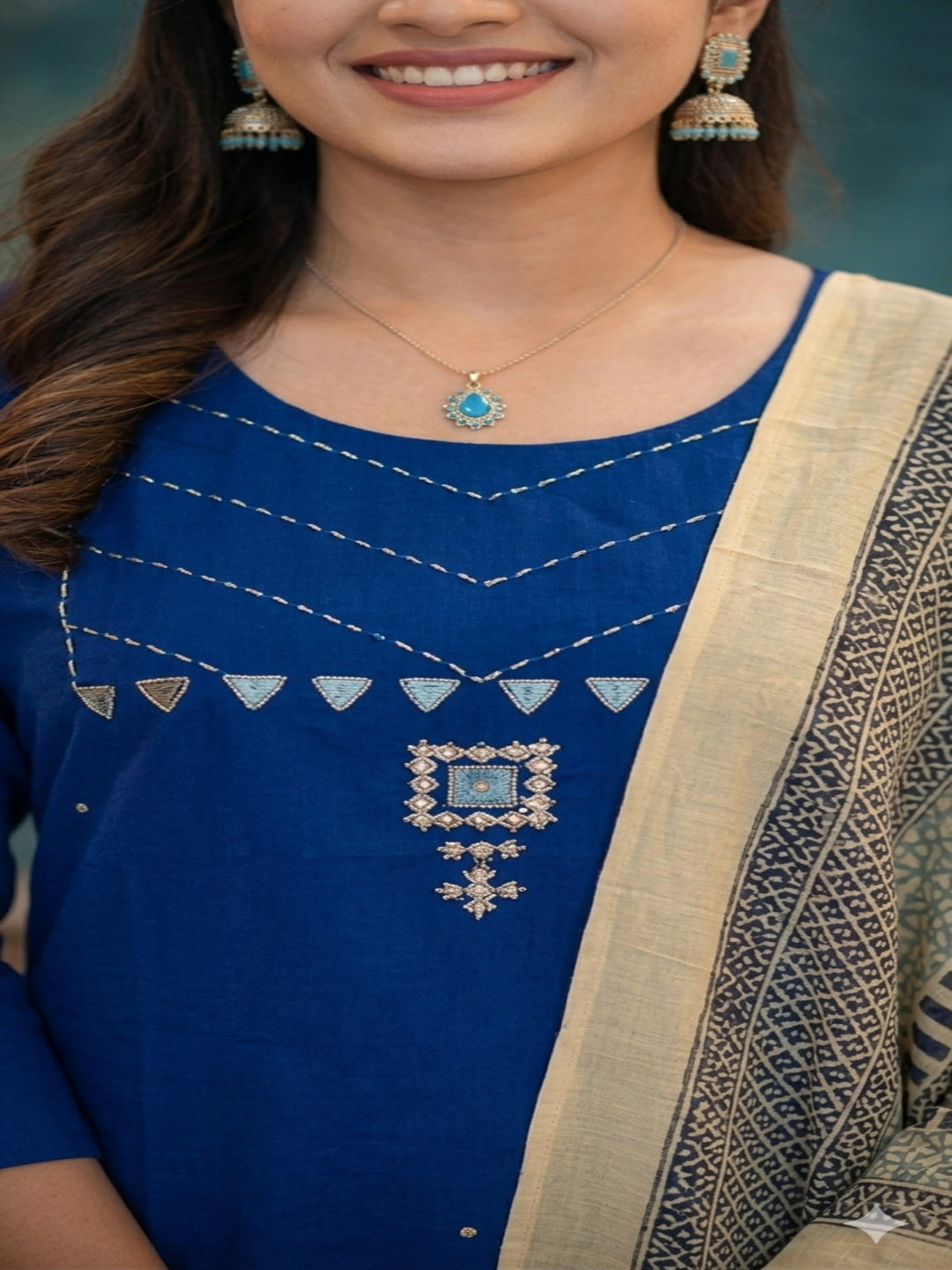 Pure Cotton Navy Blue Mirror and Pearl Work Kurta Set With Cotton Printed Dupatta