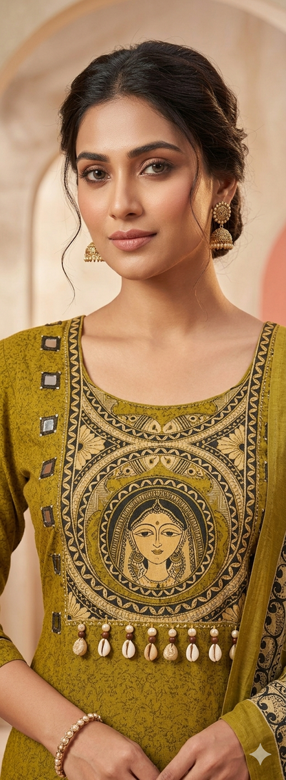 pure cotton Olive Green Hand Work Kurta Set With Ctton Printed Dupatta