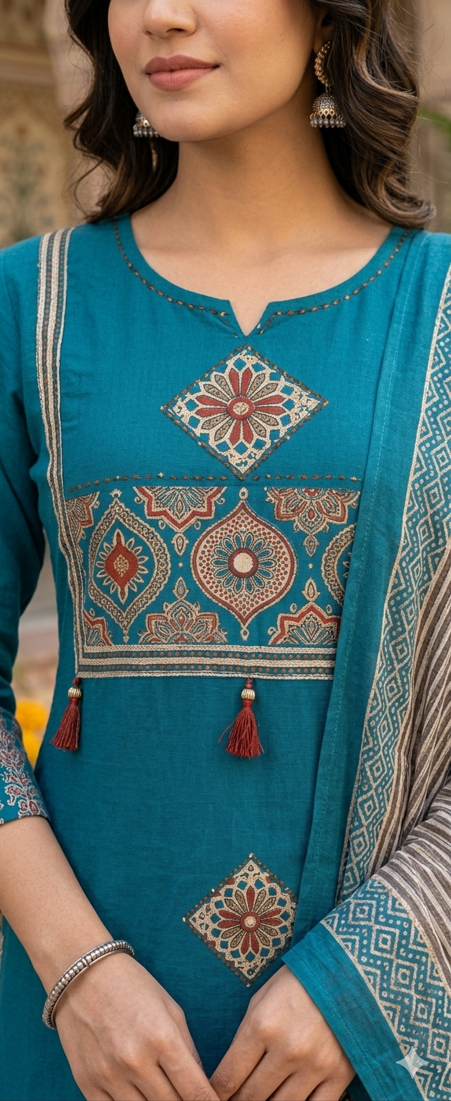 Pure Cotton Teal Blue Mirror Work Kurta Set With Printed Cotton Dupatta