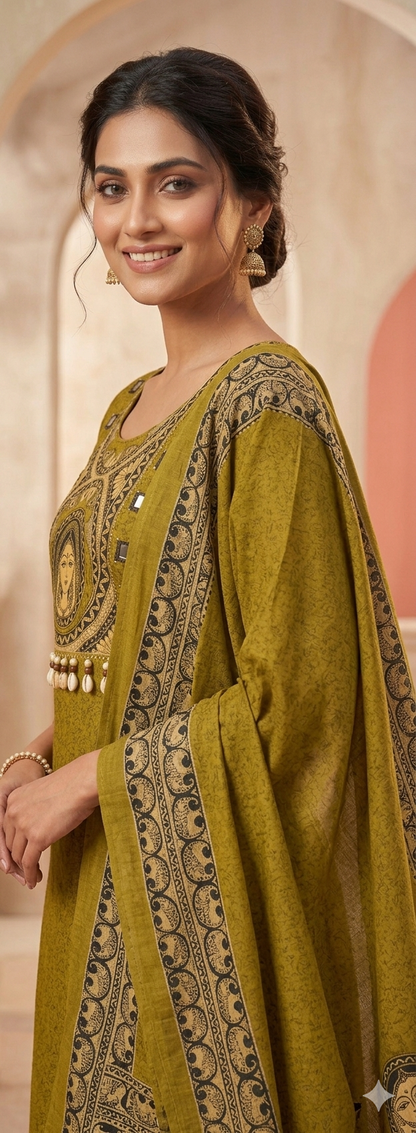 pure cotton Olive Green Hand Work Kurta Set With Ctton Printed Dupatta