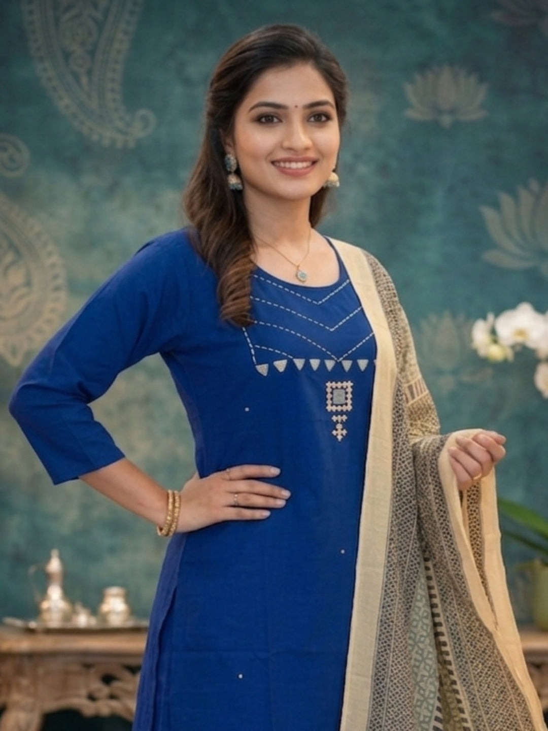 Pure Cotton Navy Blue Mirror and Pearl Work Kurta Set With Cotton Printed Dupatta