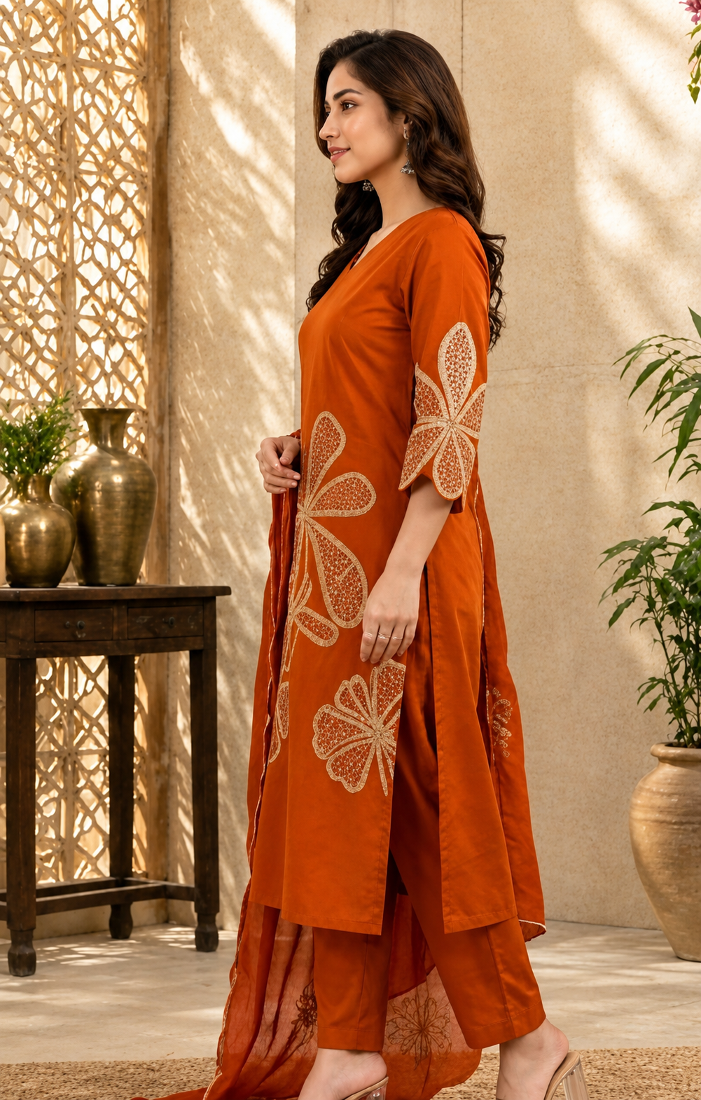 Pure Cotton Sequinn work Rust Kurta Set With Mul Cotton Dupatta