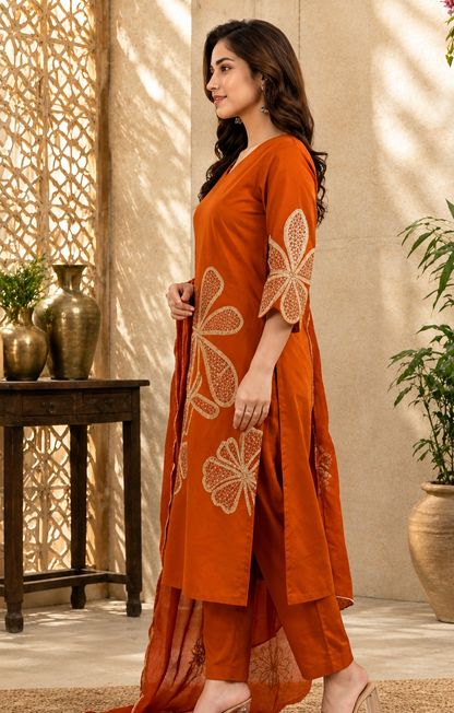 Pure Cotton Sequinn work Rust Kurta Set With Mul Cotton Dupatta