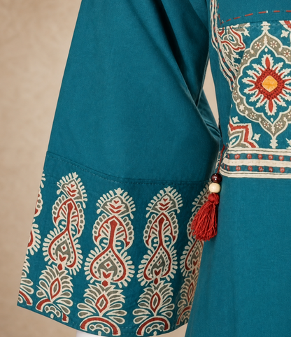 Pure Cotton Teal Blue Mirror Work Kurta Set With Printed Cotton Dupatta