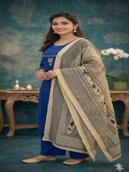 Pure Cotton Navy Blue Mirror and Pearl Work Kurta Set With Cotton Printed Dupatta