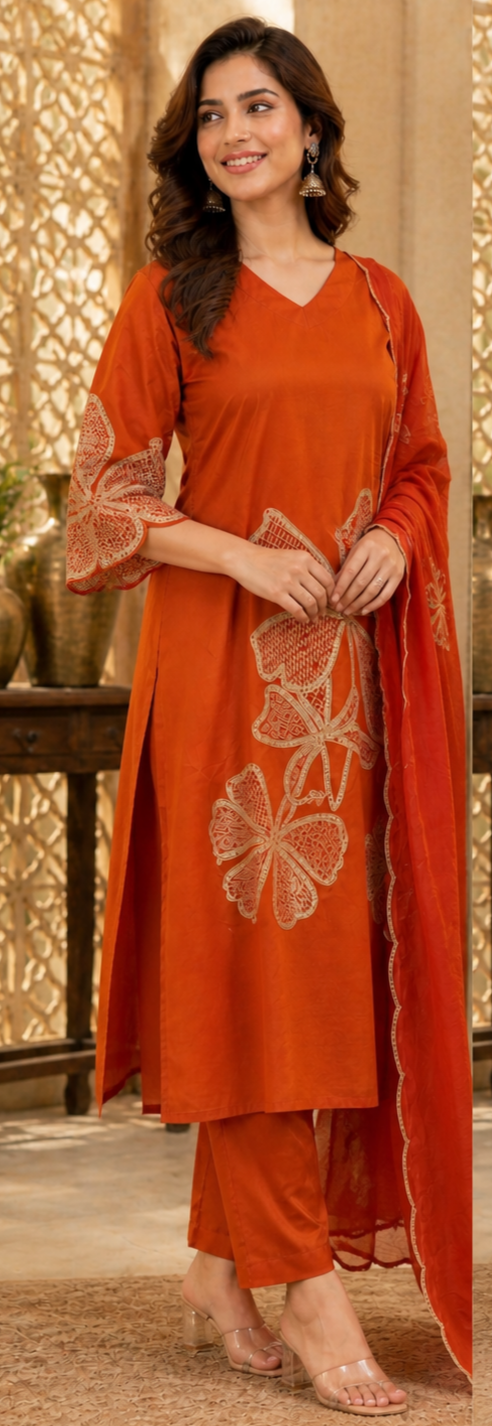 Pure Cotton Sequinn work Rust Kurta Set With Mul Cotton Dupatta