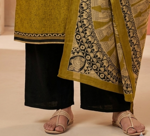 pure cotton Olive Green Hand Work Kurta Set With Ctton Printed Dupatta