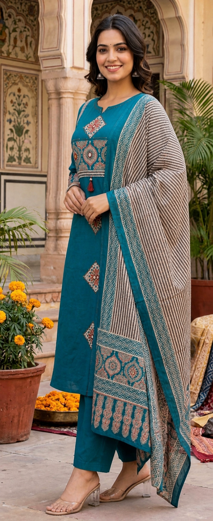 Pure Cotton Teal Blue Mirror Work Kurta Set With Printed Cotton Dupatta