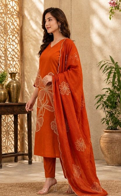 Pure Cotton Sequinn work Rust Kurta Set With Mul Cotton Dupatta