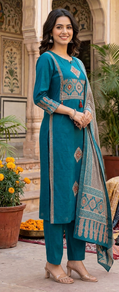 Pure Cotton Teal Blue Mirror Work Kurta Set With Printed Cotton Dupatta