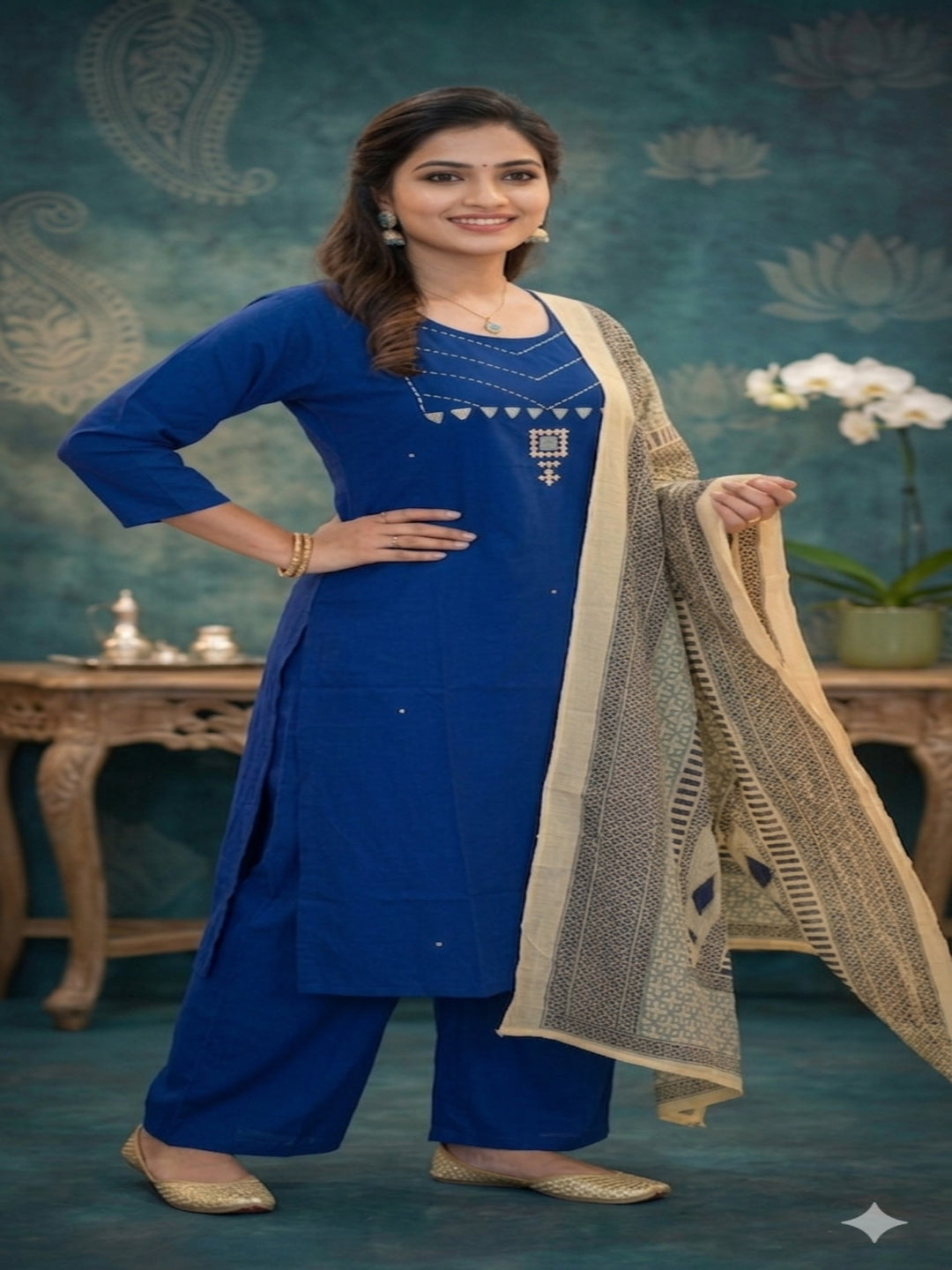 Pure Cotton Navy Blue Mirror and Pearl Work Kurta Set With Cotton Printed Dupatta