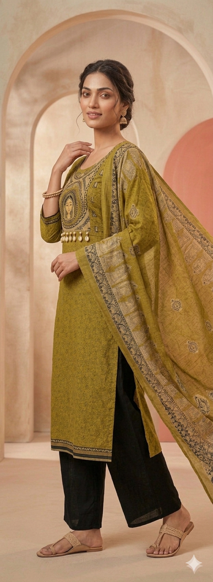 pure cotton Olive Green Hand Work Kurta Set With Ctton Printed Dupatta