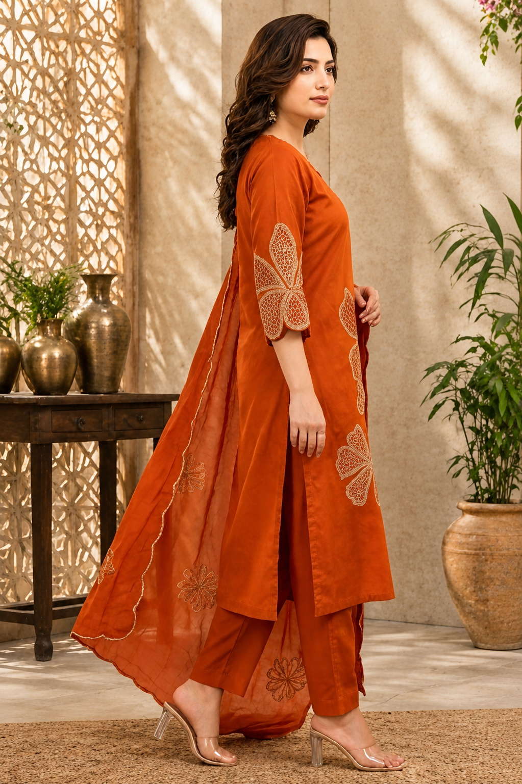 Pure Cotton Sequinn work Rust Kurta Set With Mul Cotton Dupatta