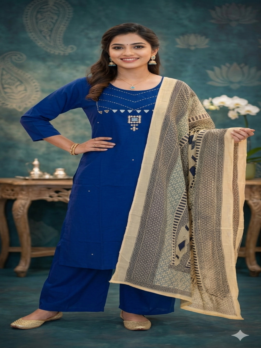 Pure Cotton Navy Blue Mirror and Pearl Work Kurta Set With Cotton Printed Dupatta