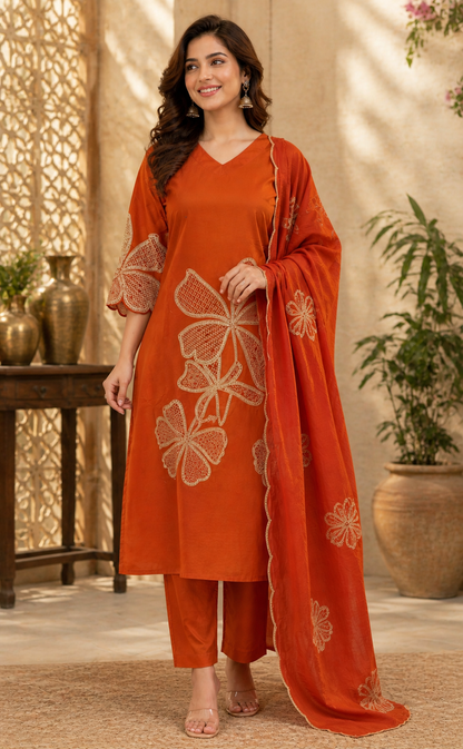 Pure Cotton Sequinn work Rust Kurta Set With Mul Cotton Dupatta