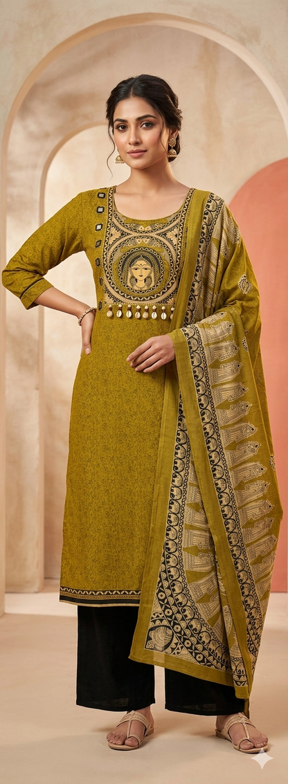 pure cotton Olive Green Hand Work Kurta Set With Ctton Printed Dupatta