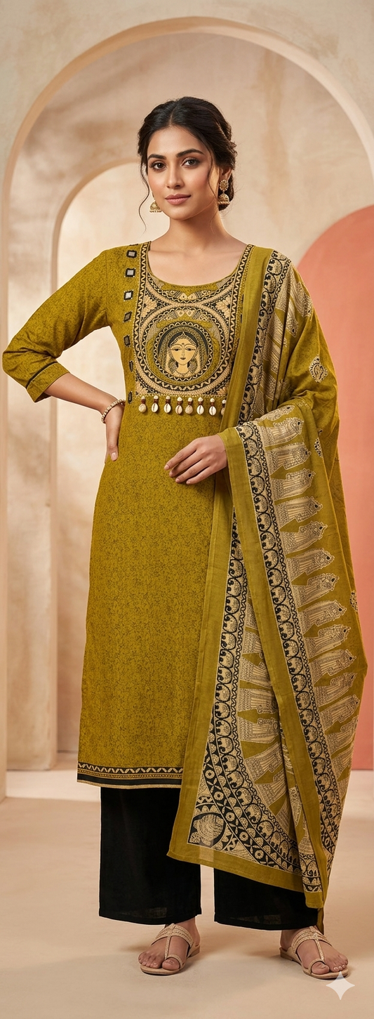 pure cotton Olive Green Hand Work Kurta Set With Ctton Printed Dupatta