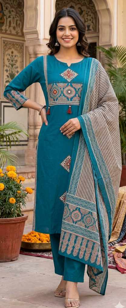 Pure Cotton Teal Blue Mirror Work Kurta Set With Printed Cotton Dupatta