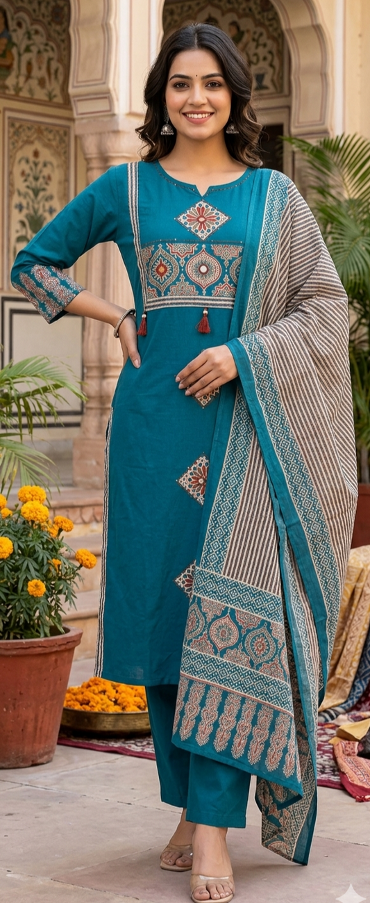 Pure Cotton Teal Blue Mirror Work Kurta Set With Printed Cotton Dupatta
